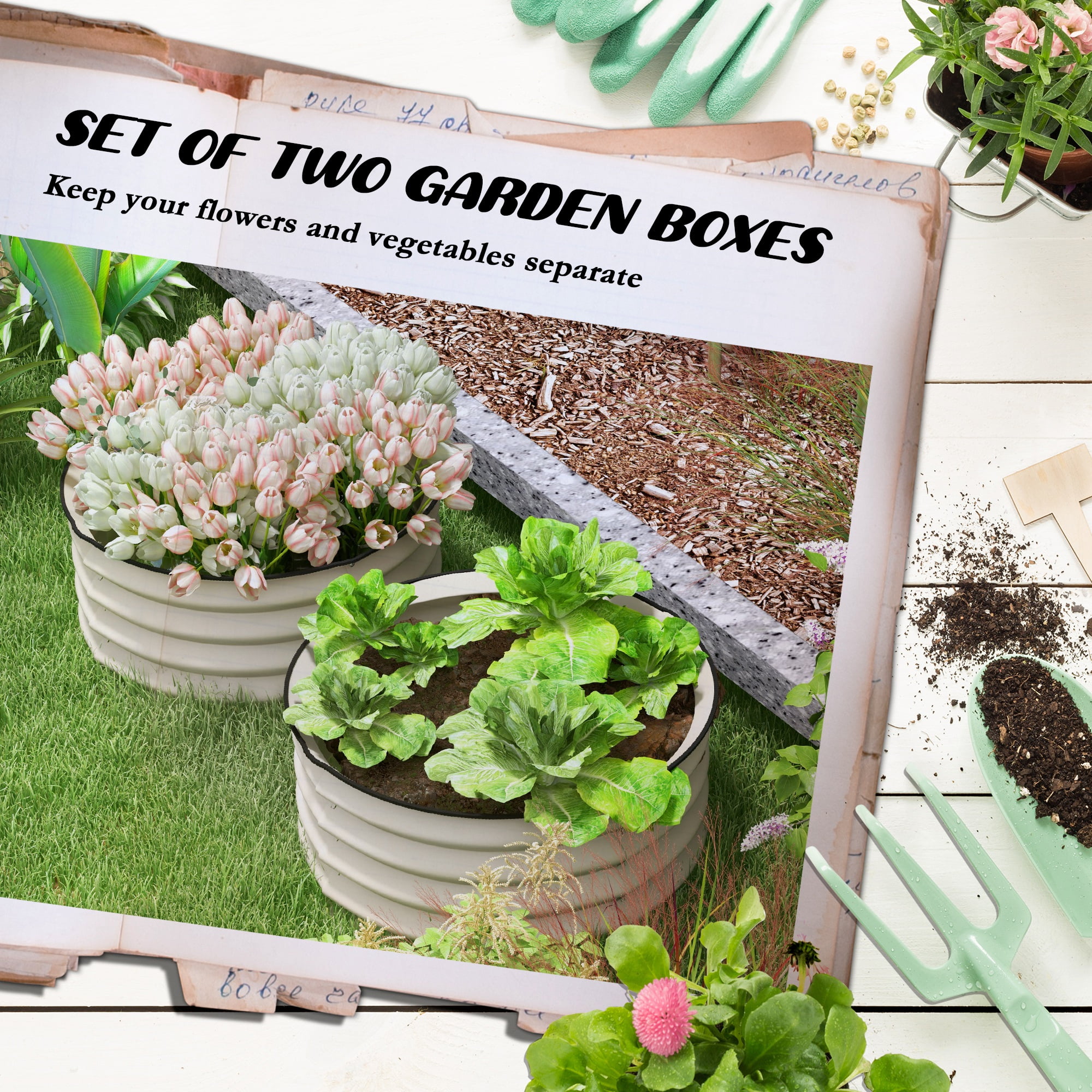 Galvanized Raised Garden Bed Set of 2, Planters for Outdoor Plants with Safety Edging, Easy-to-assemble Stock Tanks for Growing Flowers, Herbs and Vegetables, Cream White