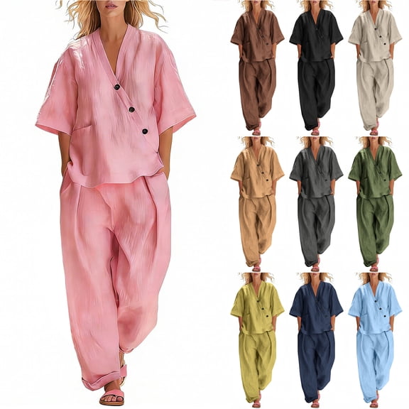 Bloomae Women's Casual 2 Piece Outfit Lightweight Cotton Linen V Neck Wrap Button Down Short Sleeve Top with Pockets Baggy Pants Trendy Solid Color Summer Lounge Set for Vacation Daily Wear Gray XL