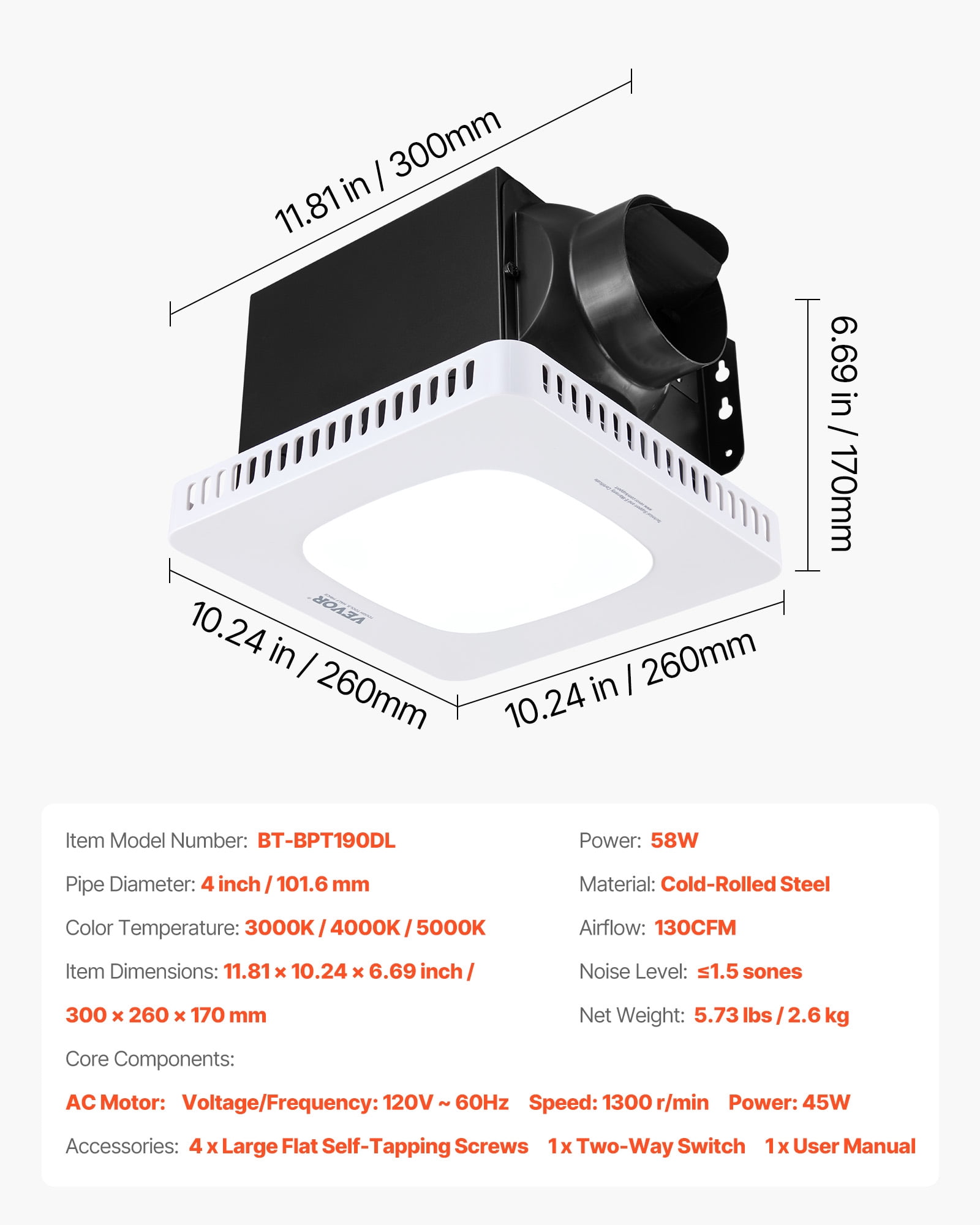 VEVOR Bathroom Exhaust Fan with LED Light, 130 CFM Bathroom Vent Three Gear Color Temp, 1.5 Sones Low-Noise, Premium AC Motor Ceiling Fan for Laundry Room, Storage Room, Home Ventilation, White