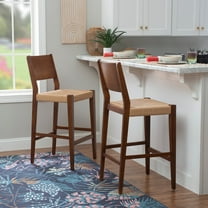 Powell Crawford 29" Indoor Wood Bar Stool with Handwoven Rope Seat, Set of 2, Brown/Natural