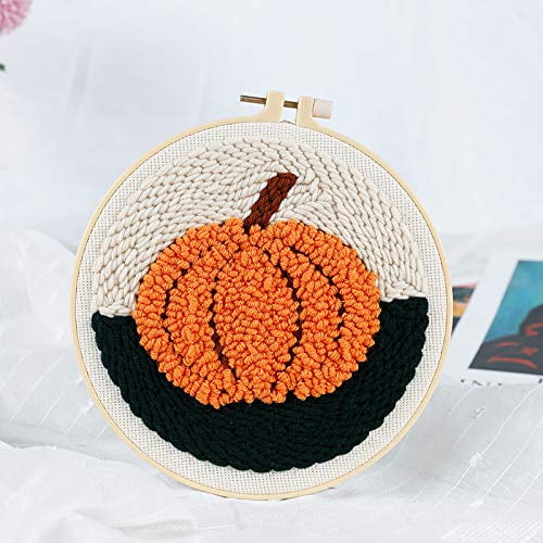 Punch Needle Embroidery Starter Kits for Kids and Adults Beginners with Punch Needle Tool,Threader, Stamped Fabric Embroidery,Hoop,Pumpkin Yarn Rug Punch Need