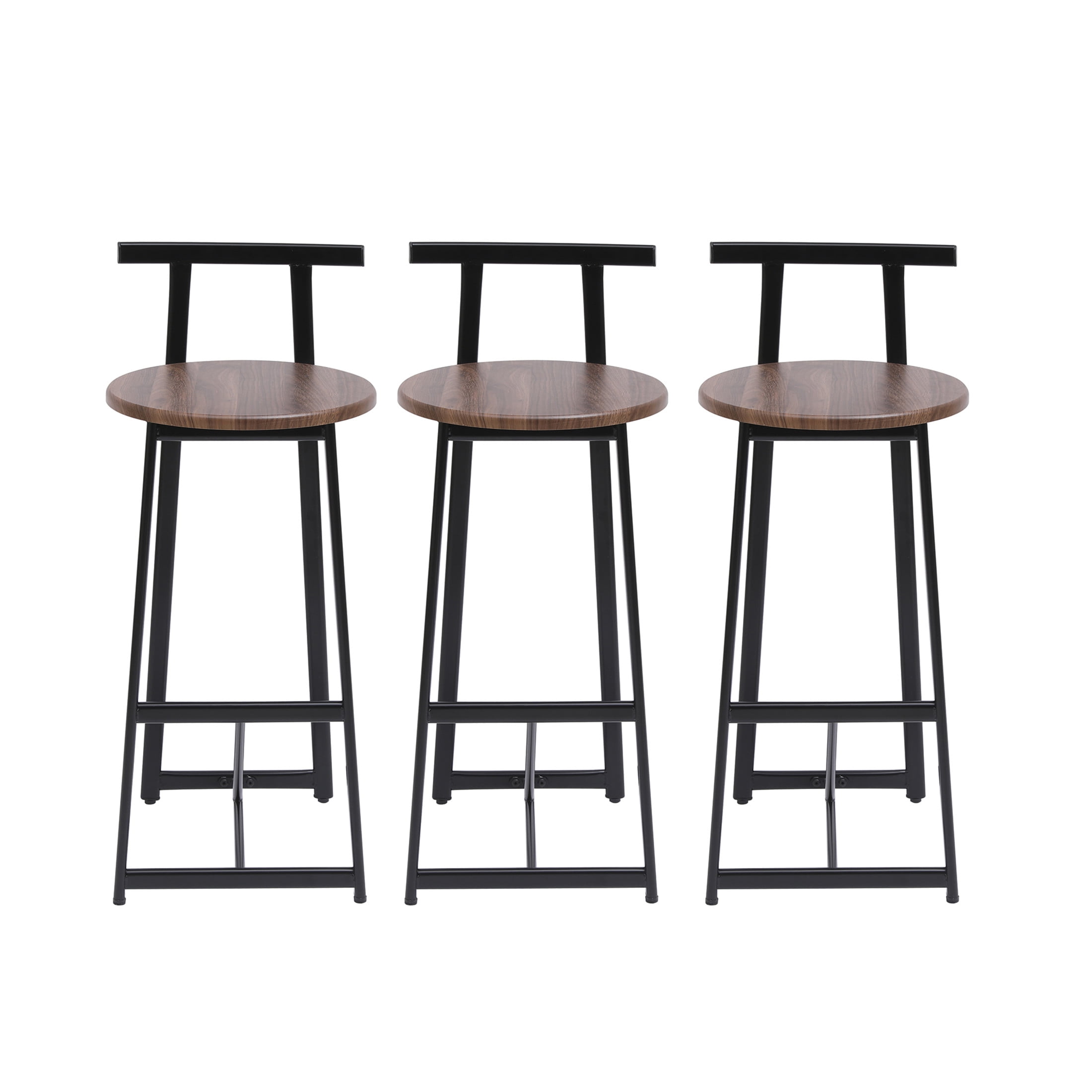 Noble House 34.25" Counter Height Bar Stools Set of 3 with Backrest & Footrest, Metal Frame, Black+Walnut