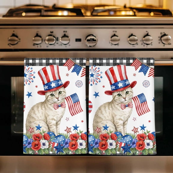 4th of July Kitchen Towels Set of 1, Independence Day Patriotic Flowers American Cat Absorbent Dish Towels for Kitchen, Microfiber Hand Towel, Quick Drying Tea Towel for Cleaning Dishcloths