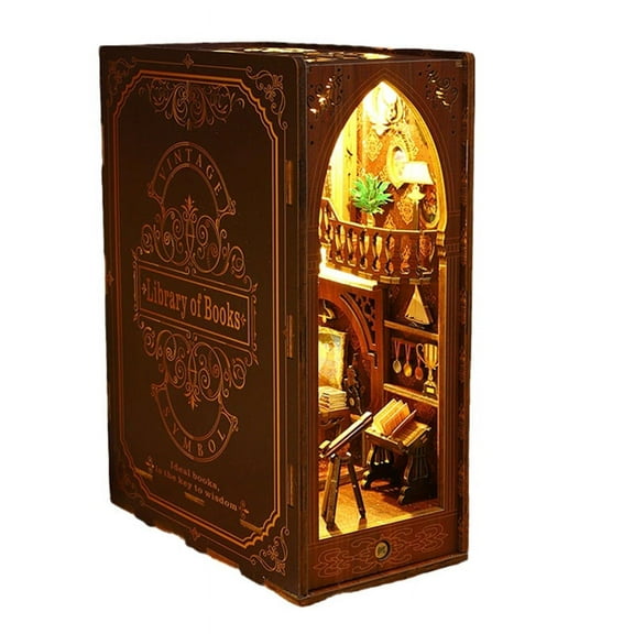 DIY Book Nook Kit, 3D Wooden Puzzle Bookend for Bookshelf Decor, with Light Model Kits for Adults