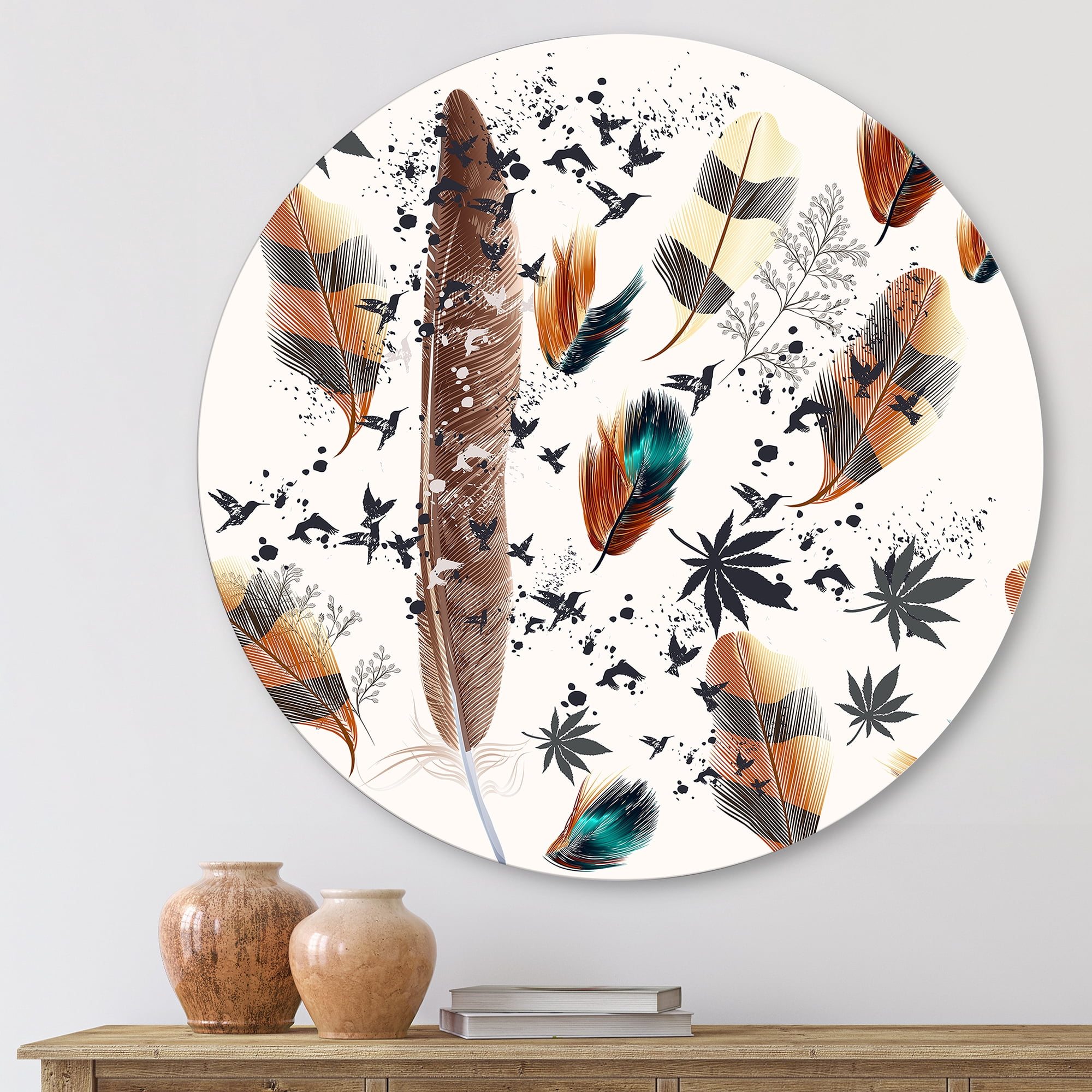 Designart 'Multicolored Feather Pattern With Floral' Bohemian & Eclectic Circle Metal Wall Art 23x23 - Disc of 23