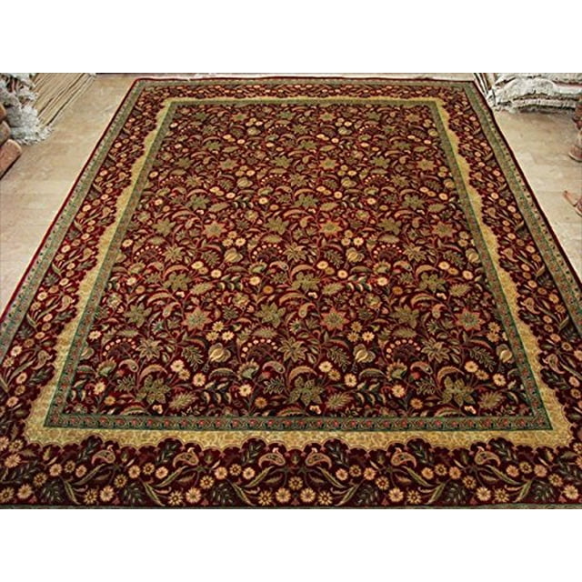Tapis Rectangulaire Design Exclusif Fleurs Rouges Fait Main (9 X 12)'