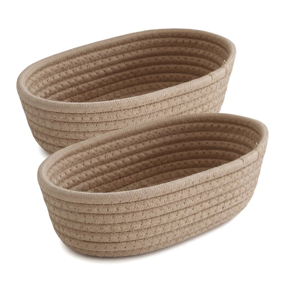 2Pack Small Storage Bins- Natural Cotton Rope Woven for Organizing , Small Baskets | Toy Basket | Cute Decorative Basket , Mini Oval Decorative Hampers for Empty Chest Box（Khaki）