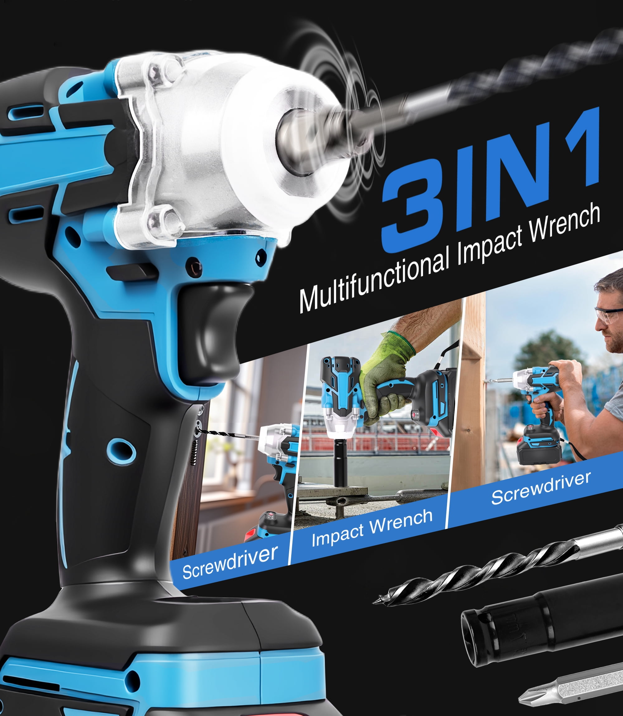 HOTREE Cordless Impact Wrench, 1/2 inch Brushless High Torque Impact Gun, 260 ft-lbs Max Torque, 3000 RPM, 2x 2.0Ah Batteries and Charge