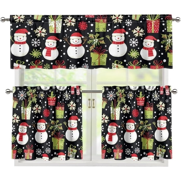 Snowman Snowflake 3 Piece Kitchen Curtains Washable Kitchen Curtains Valance and Tiers Set Rod Pocket Cafe Curtains 24 Inch Length for Kitchen Living Room Bathroom Decor