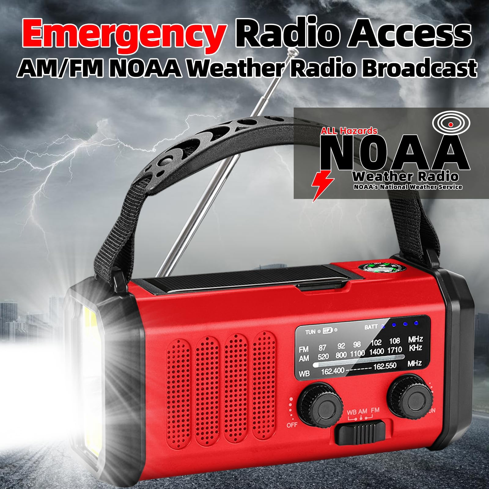Emergency Weather Radio 37000mwh Portable Noaa/am/fm Crank  Reading Light Solar Sos Flashlight Multiple Power Sources For Hurricanes And Emergencies