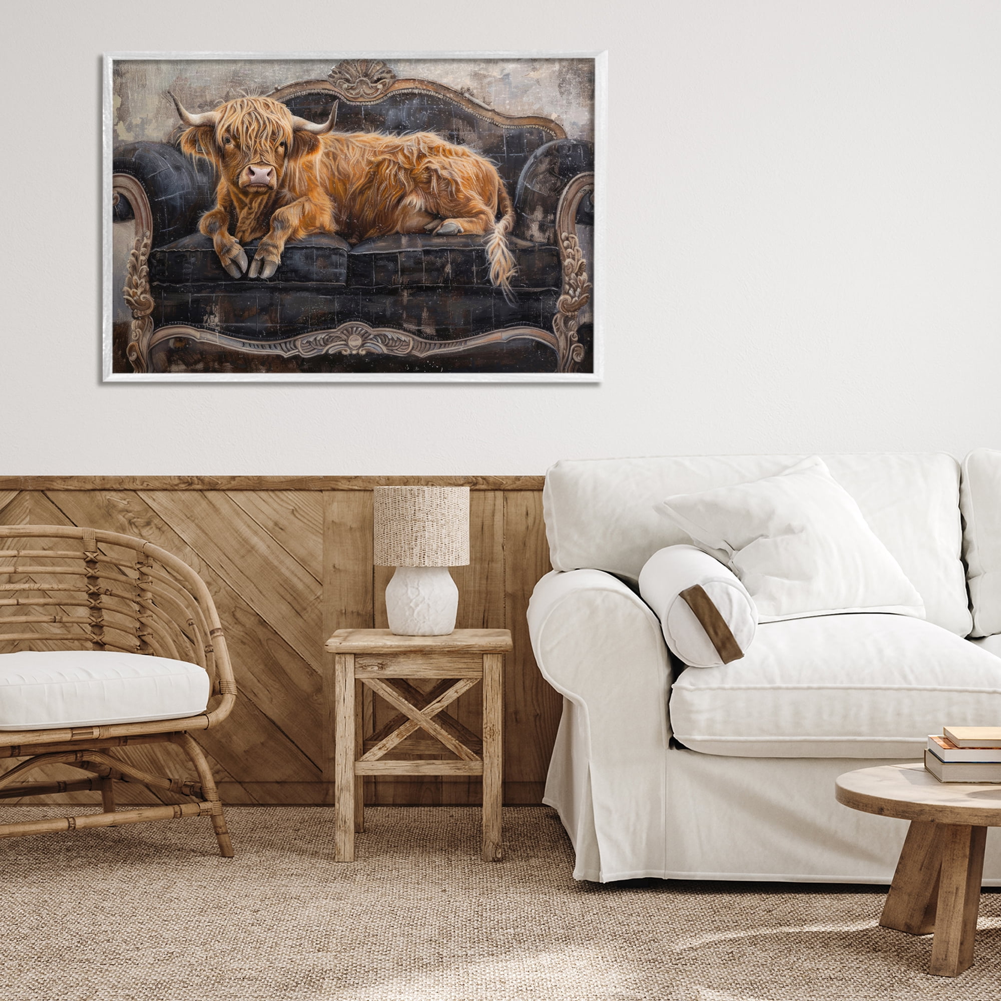 Stupell Industries Cozy Couch Highland Cow White Framed Giclee Art, design by Tina LeCour