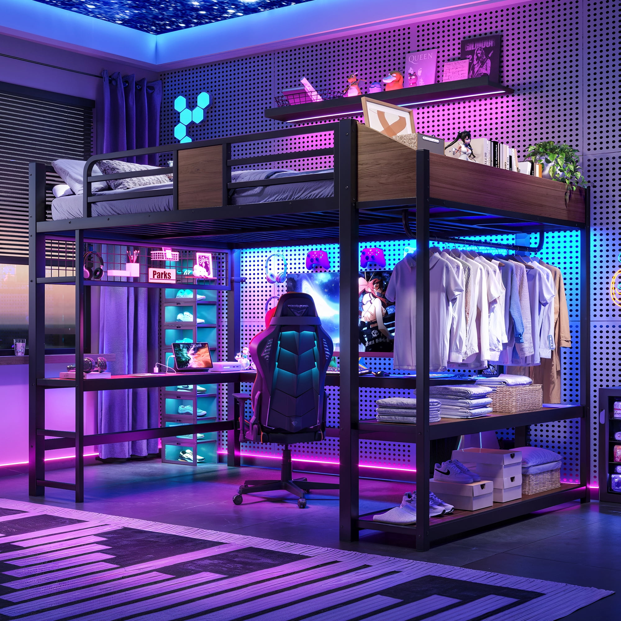 Mintazer Queen Metal Loft Bed with L-Shaped Desk & LED Light Strip, Loft Bed Frame with Charging Station and Clothes Hanging Rod & Storage Shelves for Teen Adult Small Apartment Dorm, Black & Walnut