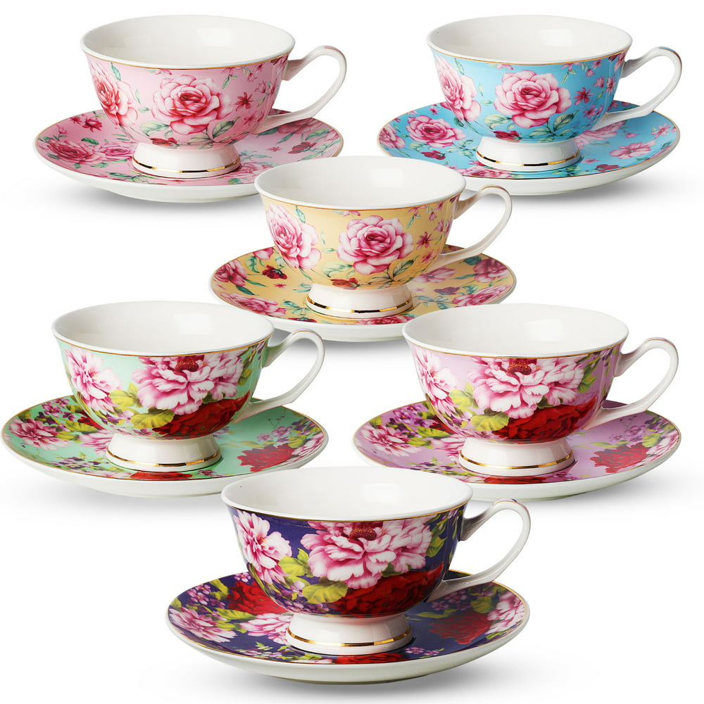 Tea Cup And Saucer Set Of 6 12 Pieces Floral Tea Cups 8 Ozbone China Porcelain Walmart 