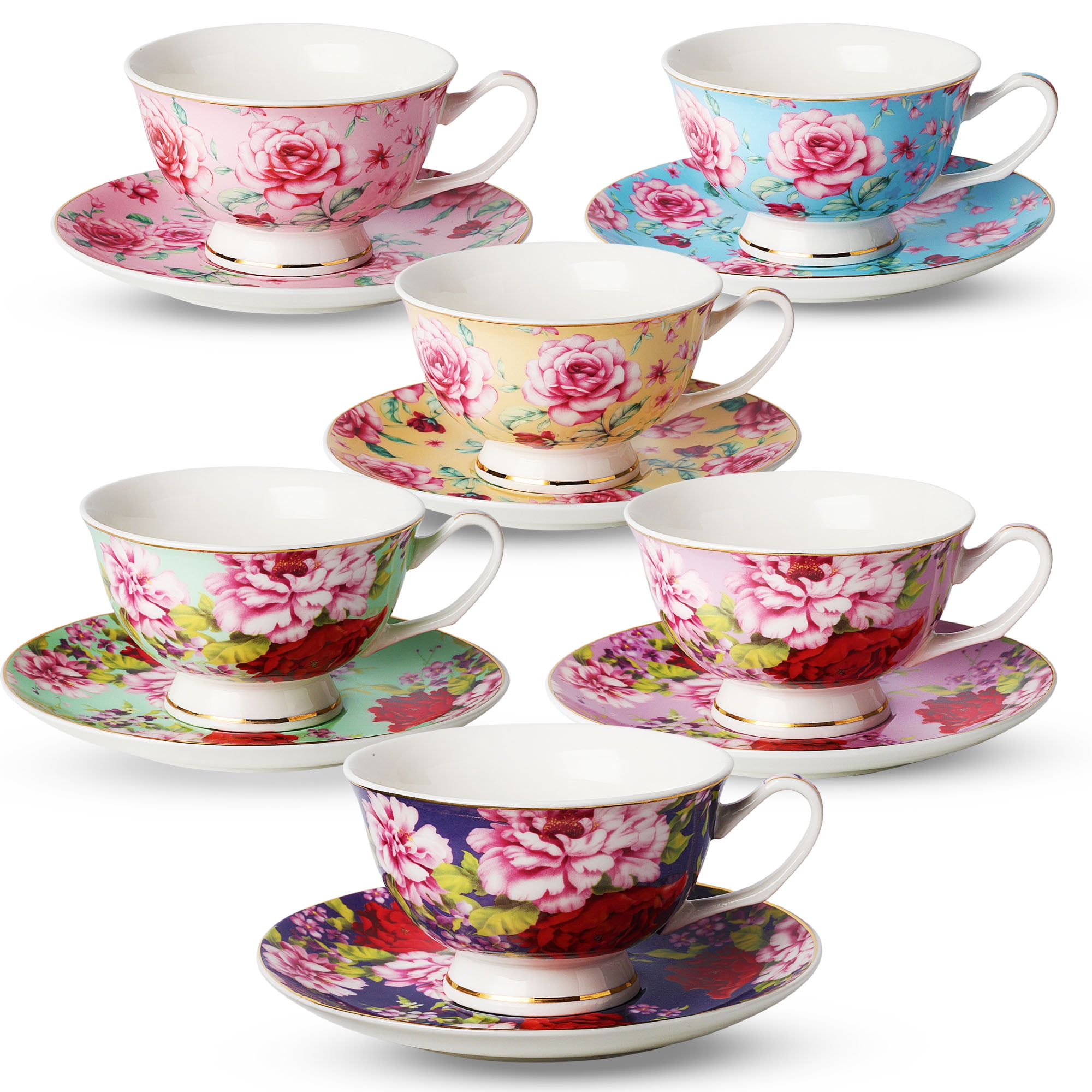 Tea Cup And Saucer Set Of 6 12 Pieces Floral Tea Cups 8 Oz Bone 