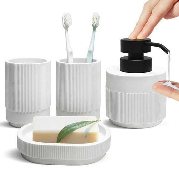 Resin Bathroom Accessories Set, 4 Pcs Modern Bathroom Accessory Set with Liquid Plastic Pump Lotion Soap Dispenser,Toothbrush Holders Set, Soap Dish Countertop Vanity Organizer(White)