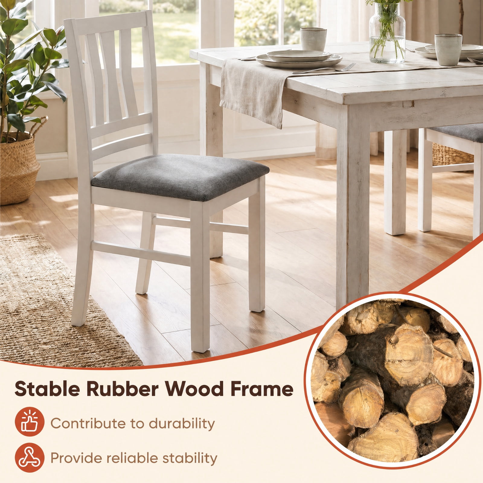 Furnibear Set of 2 Linen Style Upholstered Kitchen Chairs with Slatted Backrest and Rubber Wood Frames for Dining Room, White