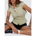 thumbnail image 4 of Women Y2K Lapel Cap‑Sleeve Crop Blouse, Ruched‑Front Tie‑Back Slim‑Fit Button‑Down Going‑Out Tops, 4 of 18
