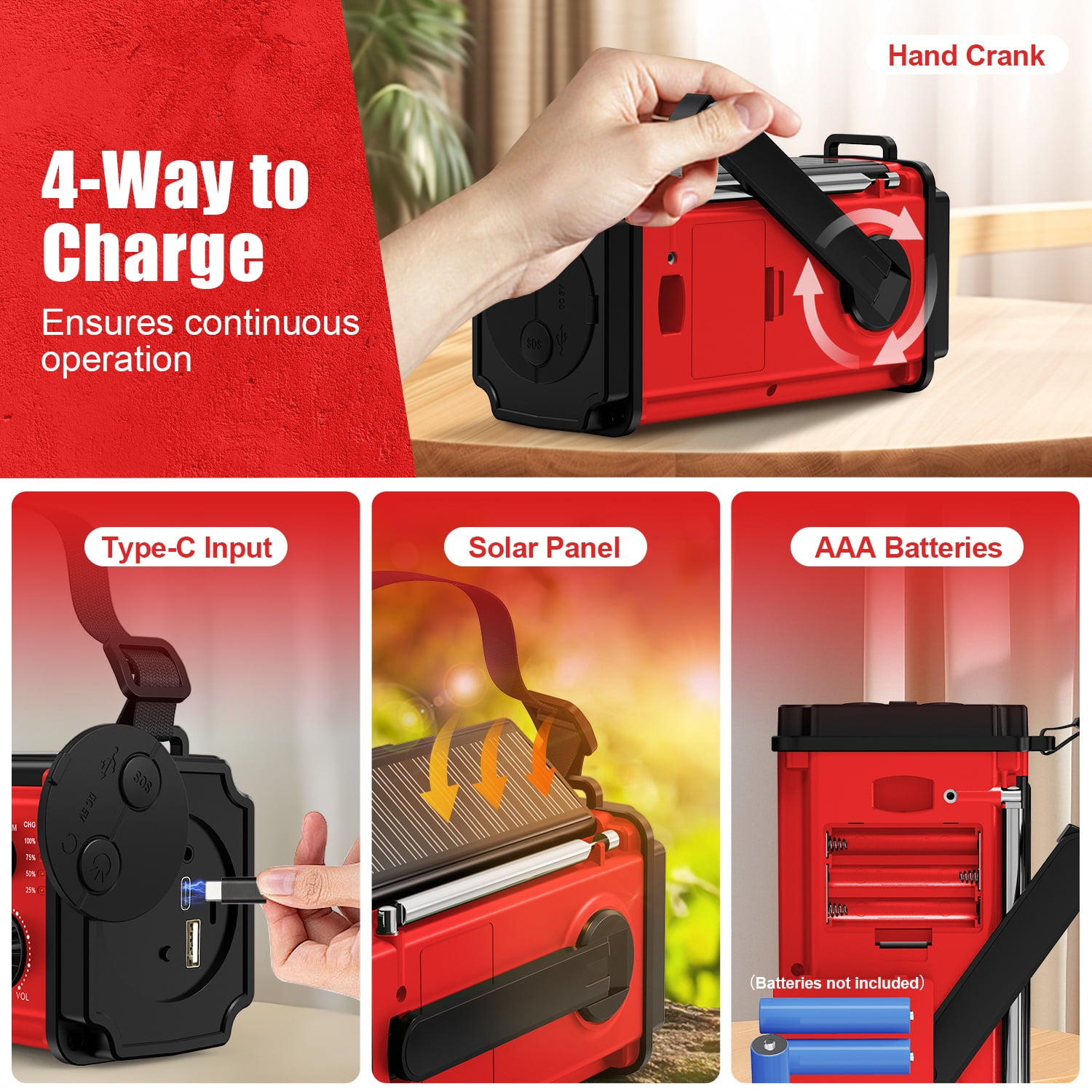 Jazmm 37000mWh Hand Crank Emergency Radio, Portable Solar  AM/FM/NOAA Weather Radio with Rechargeable Battery Powered, USB Charger, SOS Alarm, Flashlight/Reading Lamp for Home Outdoor Survival(Green）