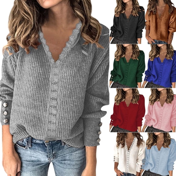 larppty Women's Lace V-Neck Long Sleeve Sweater with Sleeve Buttons Loose Fit Fall Winter Top Cozy Knitted Sweater（Blue，M）