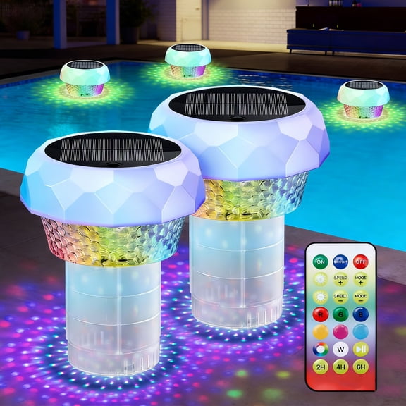 Solar Pool Chlorine Floater, Remote Control Floating Lights with Projection Light, Floating Chlorine Dispenser Tablet Holder for Pool, Spa, Hot Tub, 2PCS