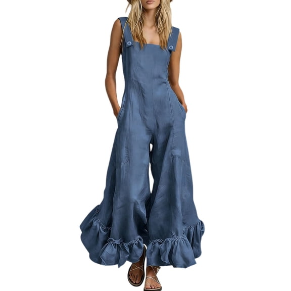 Quixlent Women's Summer Sleeveless Jumpsuit Ruffle Wide Leg Pants Rompers Casual Beach Vacation One Piece Outfits with Pockets