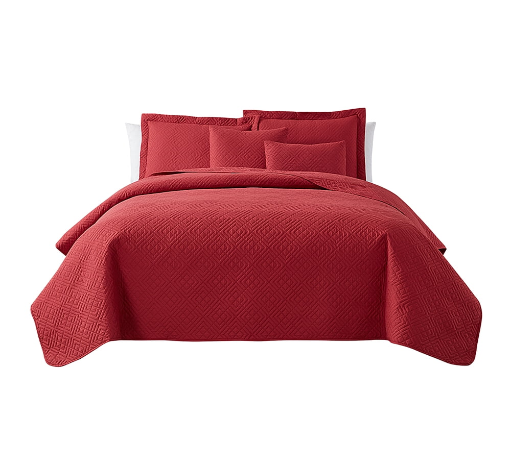 Nestl 5 Piece Quilt Set King , Soft Microfiber Lightweight Bedspread Coverlet, Modern Style Diamond Weave Bed Cover, Burgundy Red
