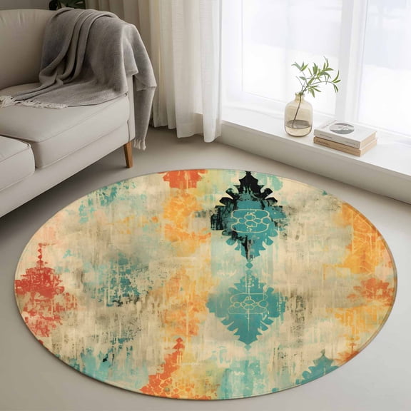 Orange Teal Red Round Area Rug 3.3 FT, Non Slip Small Entryway Kitchen Mat, Boho Ethnic Abstract Splashing Art Washable Soft Circular Rug Non-Shedding Door Mat for Bathroom Playroom Kids Room