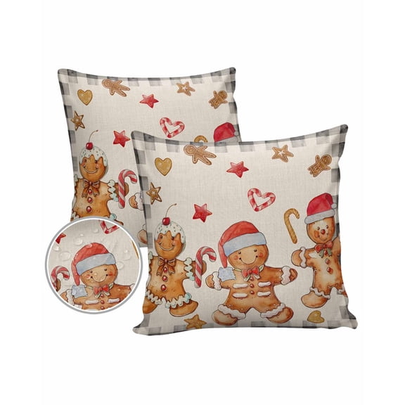 Pack of 2 Outdoor Pillow Covers, Christmas Vintage Gingerbread Man Buffalo Plaid Waterproof Square Throw Pillowcase Cushion Decorative Pillow Covers for Couch Patio Tent, 20x20 in