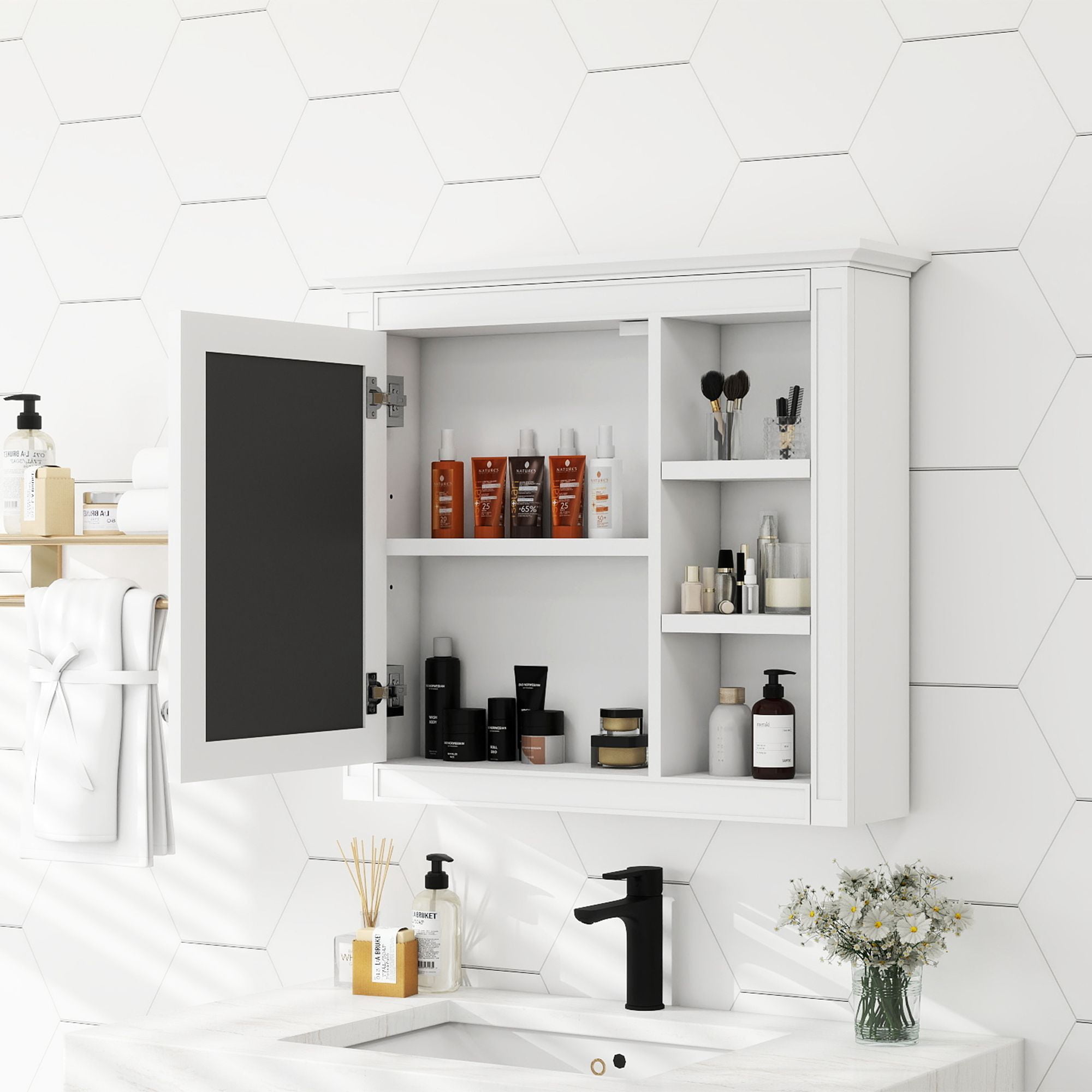 DEALTOPS Stylish Wall Mounted Bathroom Mirror Cabinet with Cabinet and Open Shelves, White