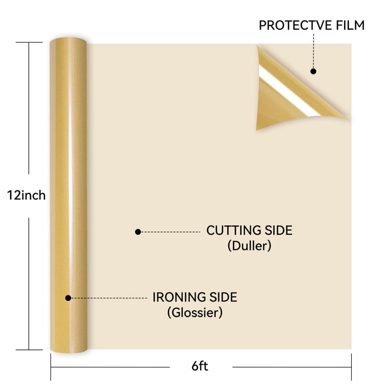 HTVRONT Heat Transfer Vinyl Roll-12" x 6ft for Shirts, Iron on Vinyl for All Cutting Machine - Easy to Cut & Weed for Heat Transfer Design-Gold