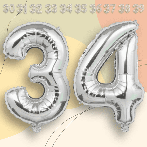 Silver Number 34 Mylar Foil Balloon 40" - Helium or Air Inflatable Metallic Balloons for 34th Happy Birthday Party, Anniversary, Graduation Decor