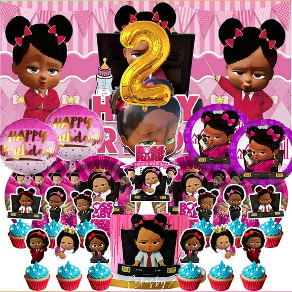 Boss Baby Africa Girl 2nd Tableware Balloons Cake Toppers Backdrop Banner Supplies Party Decor Plates Decorations