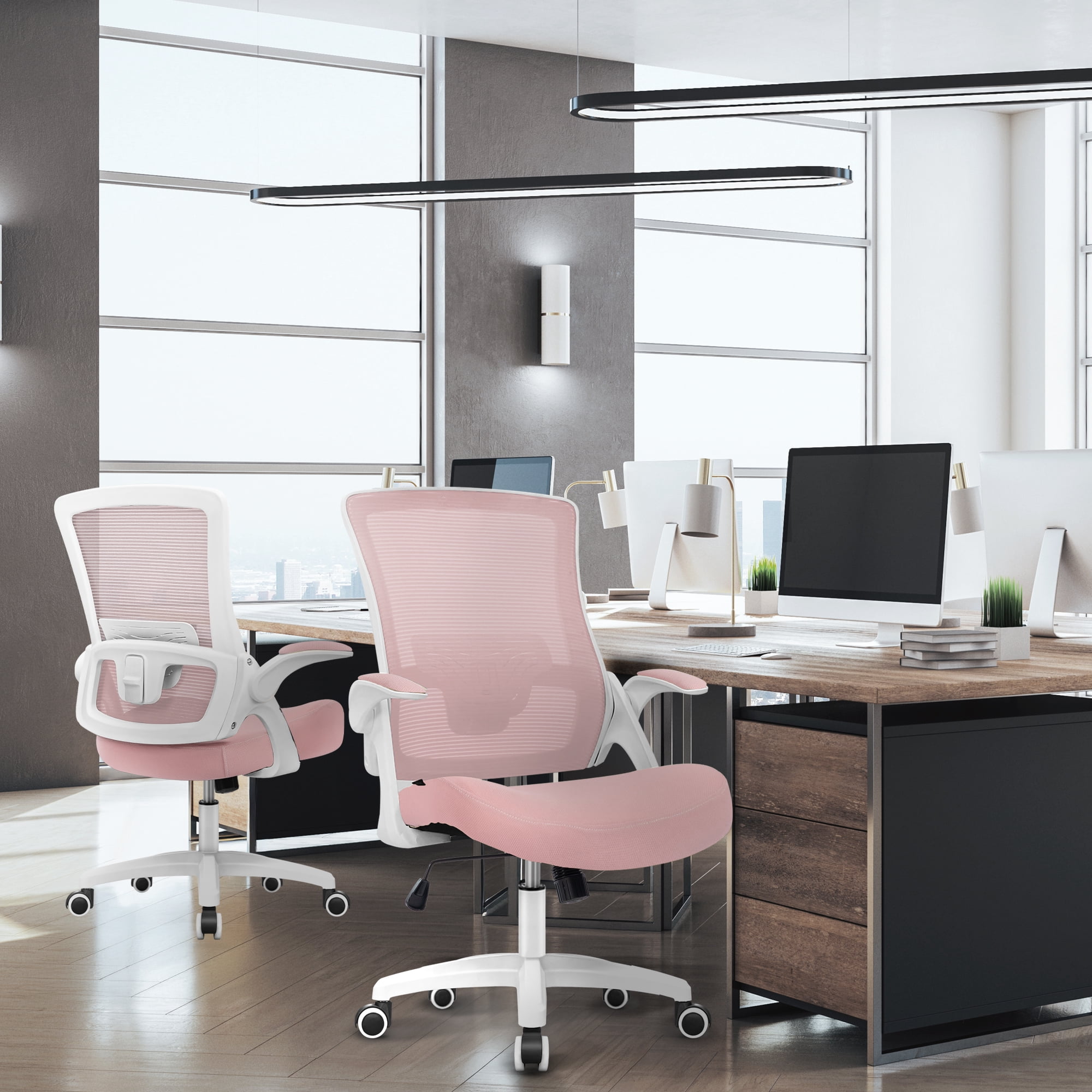 CELTOSS Ergonomic Office Chair, Wide Seat with Flip-Up Armrests, Lumbar Support, Adjustable Height, Comfy Home Task Computer Chair, Pink