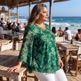 thumbnail image 3 of GRACE & GRANDEUR Women's Plus Size V Neck Mesh Blouse Flowy Double Layer 3/4 Sleeve Tunic Top 4X Green, 3 of 8