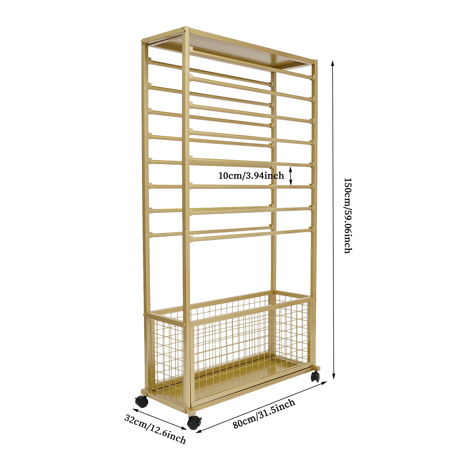 Mobile Ribbon Holder with 16 Hanging Rods, Gold, for Florists, Dyeing Factories, Homes, Hotels to Hold Wrapping Paper, Ribbons, Scarves, Clothes, and More