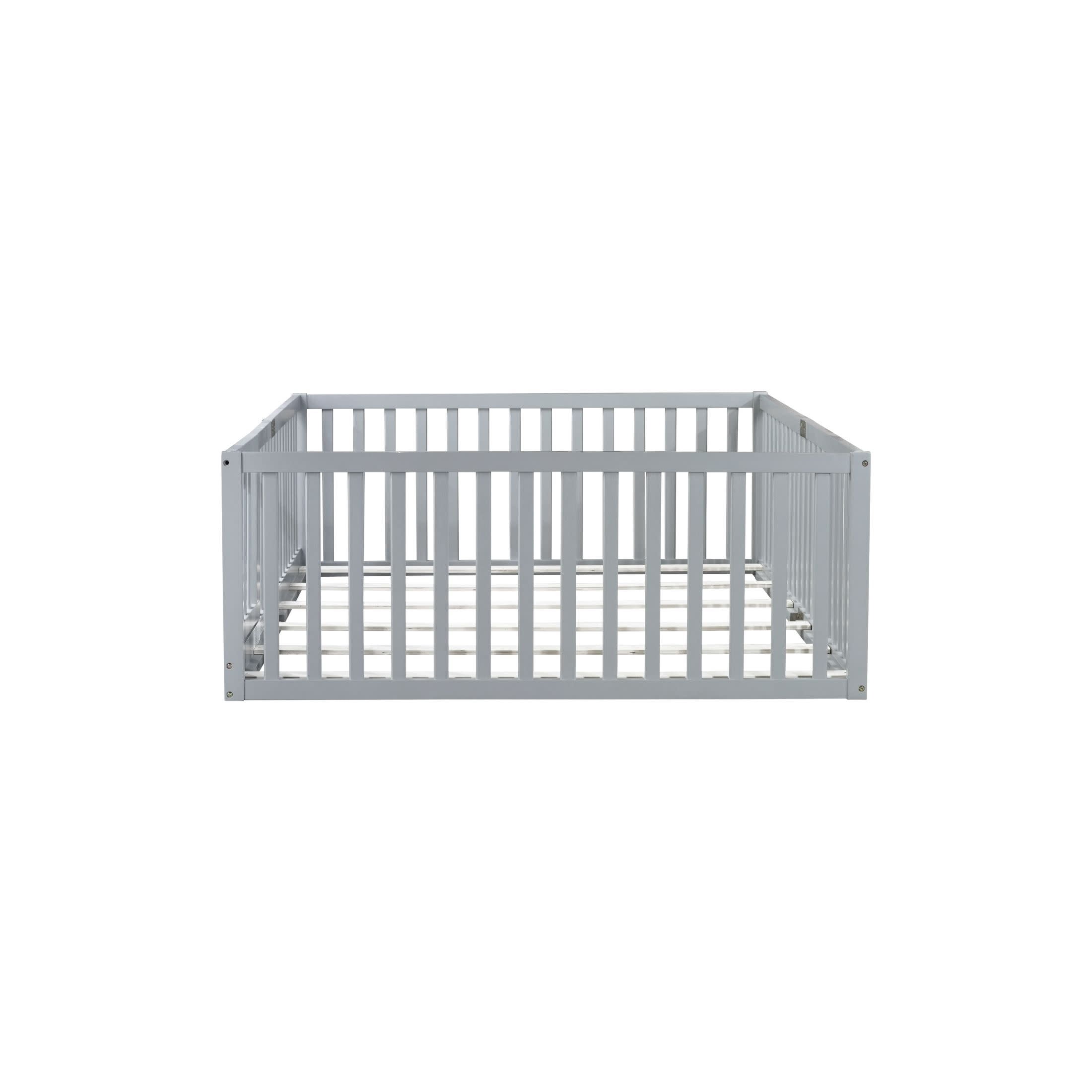 Noble House Nira Full Floor Bed with High Fence and Door, Rubber Wood Montessori Bed Frame, Kids' Room, Gray