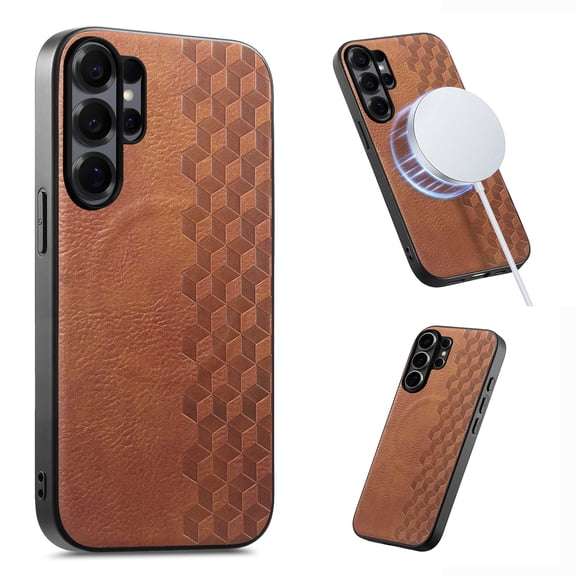 for Samsung Galaxy S26 Ultra Magnetic Case, Grid Pattern PU Leather Cover Compatible with Mag-Safe, Drop Protection Slim Fit Shockproof Anti-Scratch Phone Case for Samsung Galaxy S26 Ultra, Brown