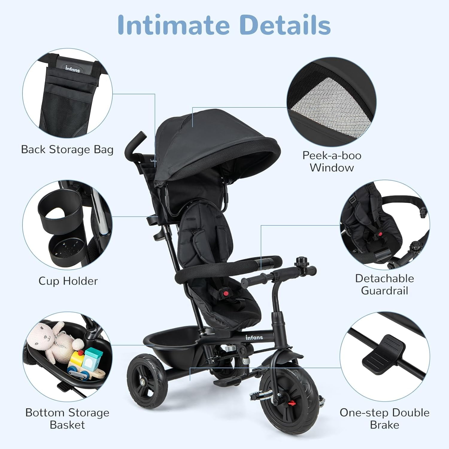 OLAKIDS Baby Tricycle, 6 in 1 Baby Trike Stroller Toddler Bike with Reversible Seat, Adjustable Handle, Control Direction, Removable Canopy, Safety Harness, Belt, Storage Basket, 9 Months-5 Years
