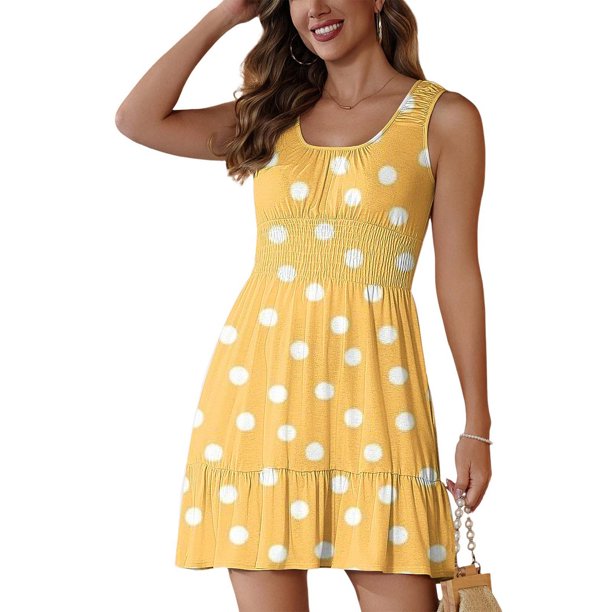 mfyjkho Vestidos de verano para mujer, Vestido mini plisado sin mangas con cuello redondo y estampado de colores para mujer Vestidos de fiesta para mujer s