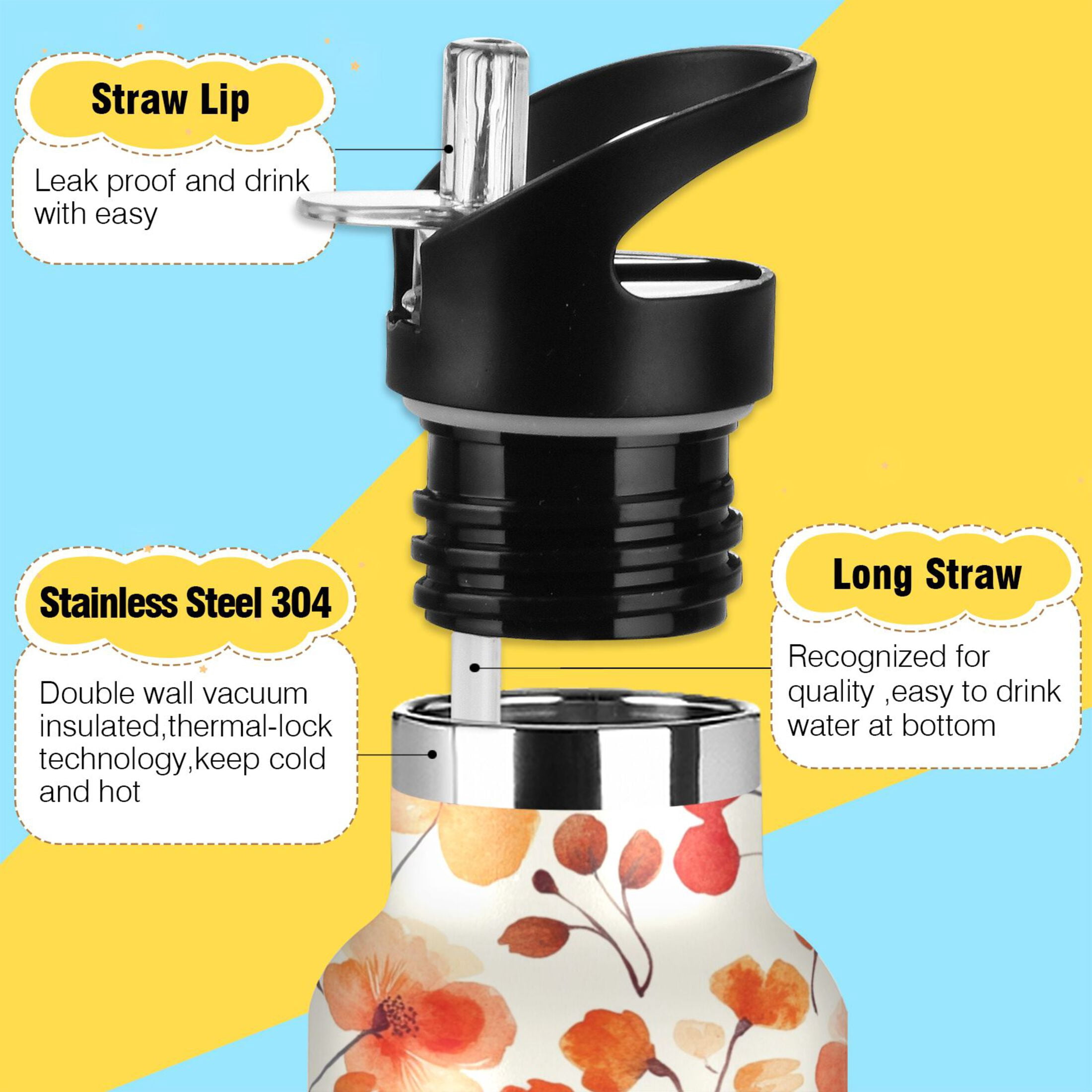 600ML Stainless Steel Insulated Cup Sports Water Bottle Portable Thermos Cup Water Glasses Insulated Tumblers Convenient and Durable Cartoon Orange Flowers