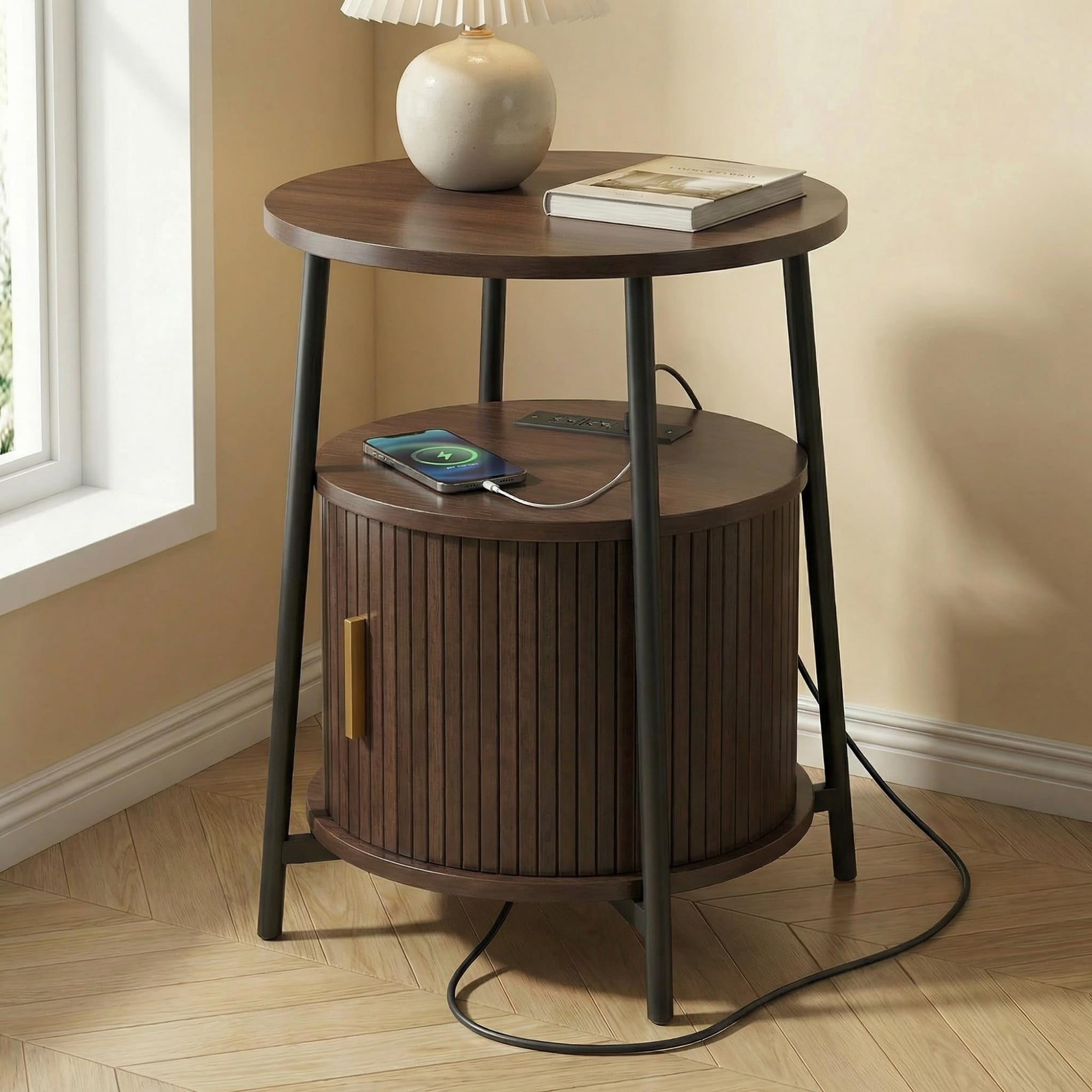Round End Table with Charging Station, Fluted Side Table with Sliding Door, Mid Century Modern Nightstand for Bedroom & Living Room, Coffee