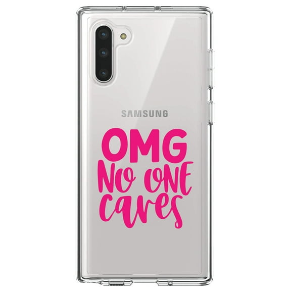 DistinctInk Clear Shockproof Hybrid Case for Samsung Galaxy Note 10 (6.3" Screen) - TPU Bumper Acrylic Back Tempered Glass Screen Protector - OMG No One Cares - Hot Pink