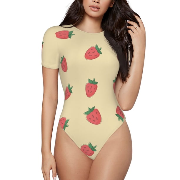Balery Strawberries Body de cuello redondo de manga corta para mujer Tops de manga corta Tops básicos-Medium