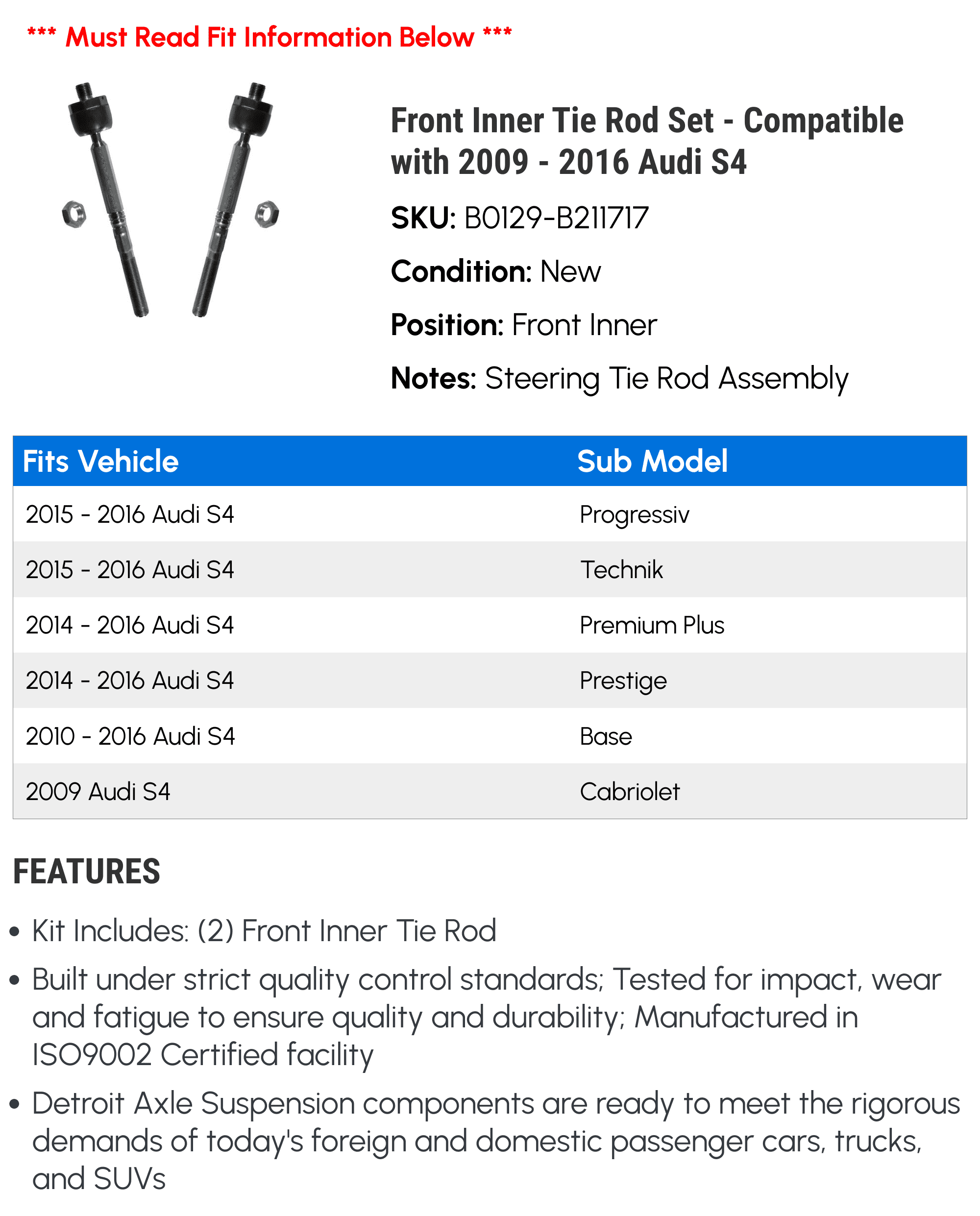 Front Inner Tie Rod Set - Compatible with 2009 - 2016 Audi S4 2010 2011 2012 2013 2014 2015