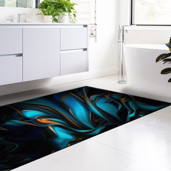 Machine Washable Rug, Abstract Rugs, Blue Rugs, Personalized Rug, Blue And Orange Rug, Modern Rug, Entry Rug, Black Rug, Home Decor, 2.6'x6.5' - 80x200 cm