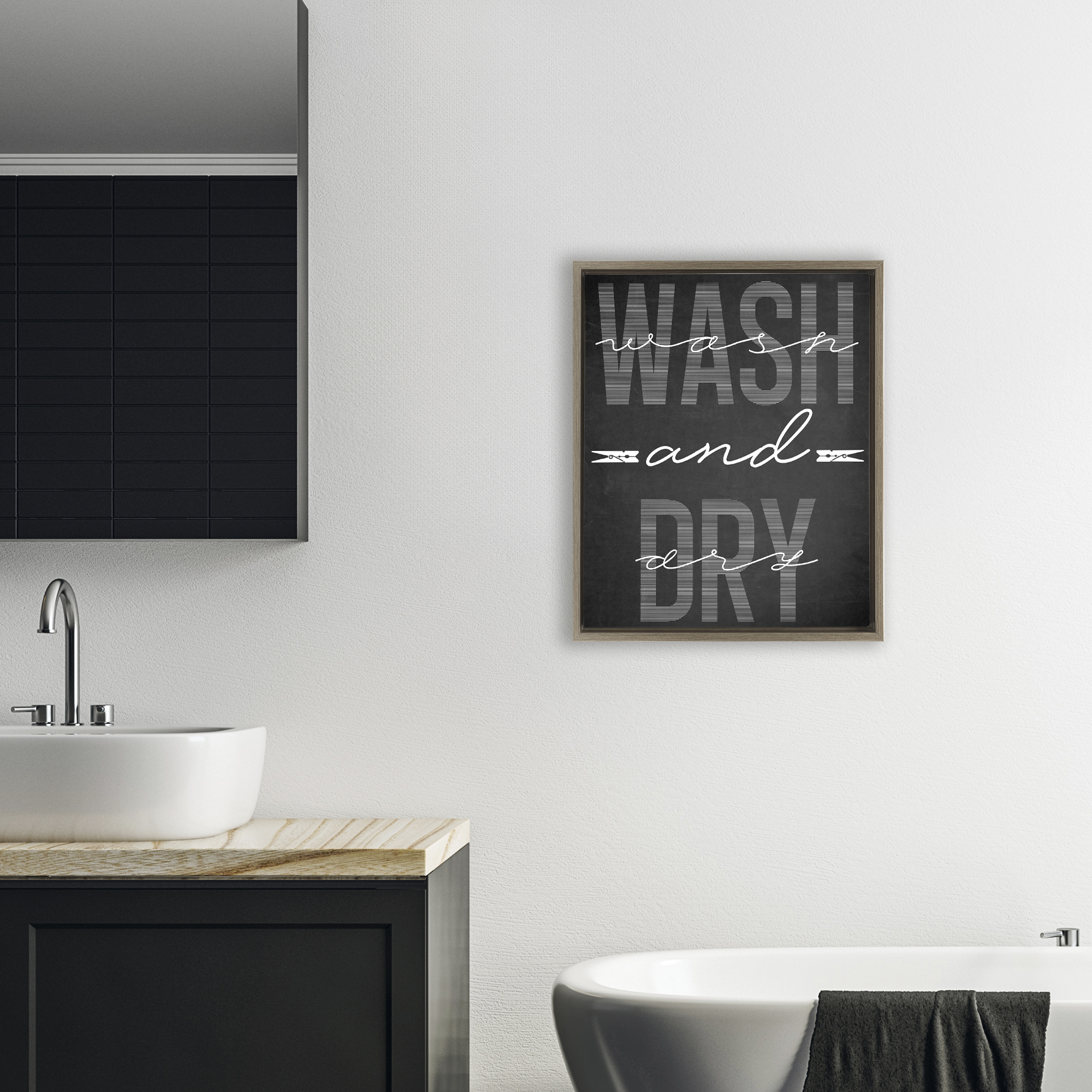 Wash And Dry Black Minimal Brown Framed Floater Canvas Wall Art, design by Marcus Prime