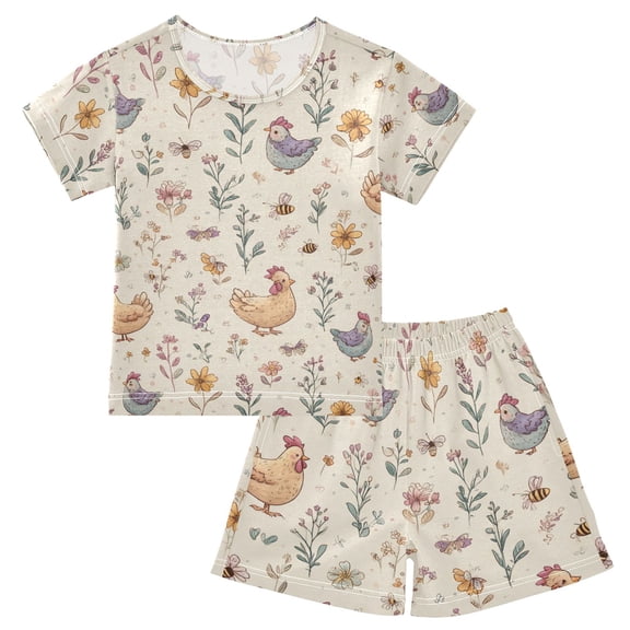 Summer Short Sleeve Pajama Sets Cartoon Chicken Patterns Sleepwear Nighty 95% Cotton (5-14Y)