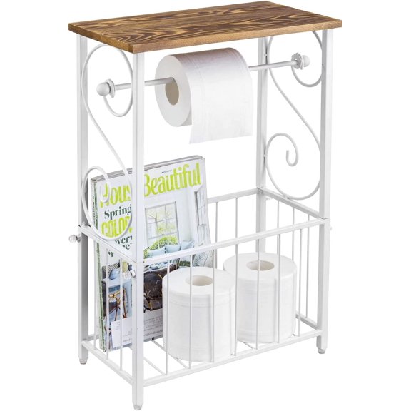 White Metal Bathroom Table Stand Storage Shelf with Dual Toilet Paper Holder, Magazine Basket and Scrollwork Design