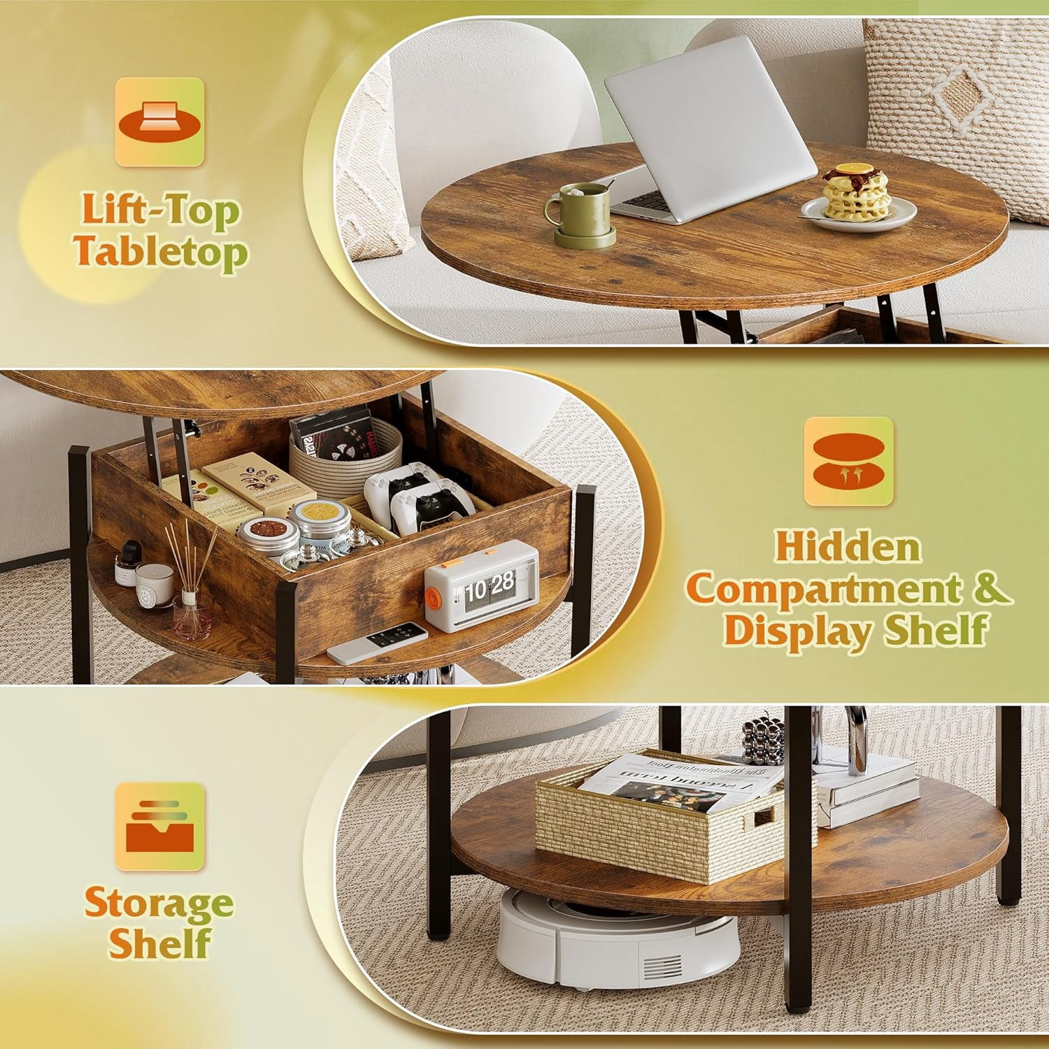 GALAXHERO Round Lift Top Coffee Table with Hidden Compartment and Storage Shelf, Farmhouse Small Coffee Table with 2 Tier for Living Room Rustic Brown