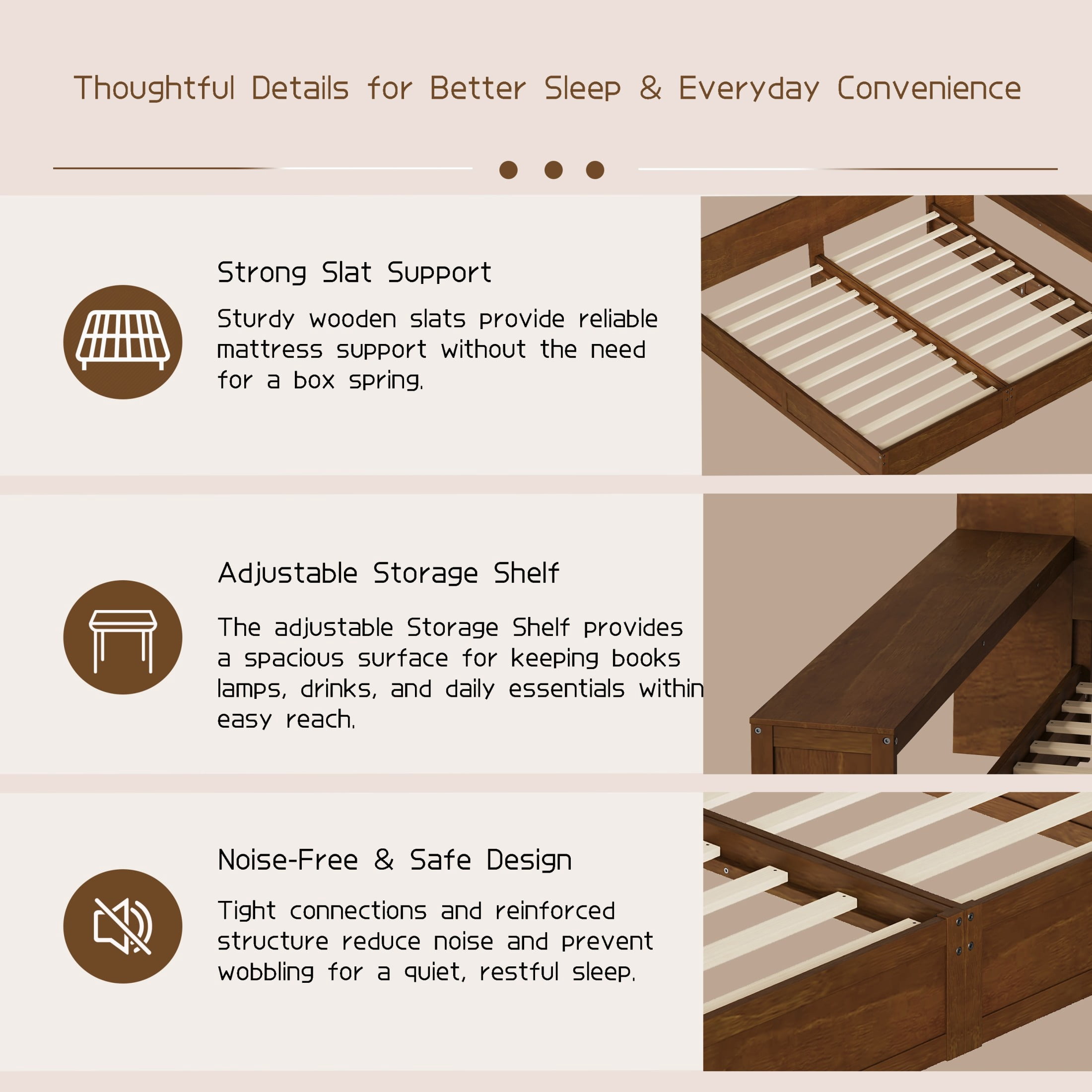 Noble House Girel Twin Platform Bed Frame Set for 2 Kids with Adjustable Storage Desk, Space-Saving Design, Walnut